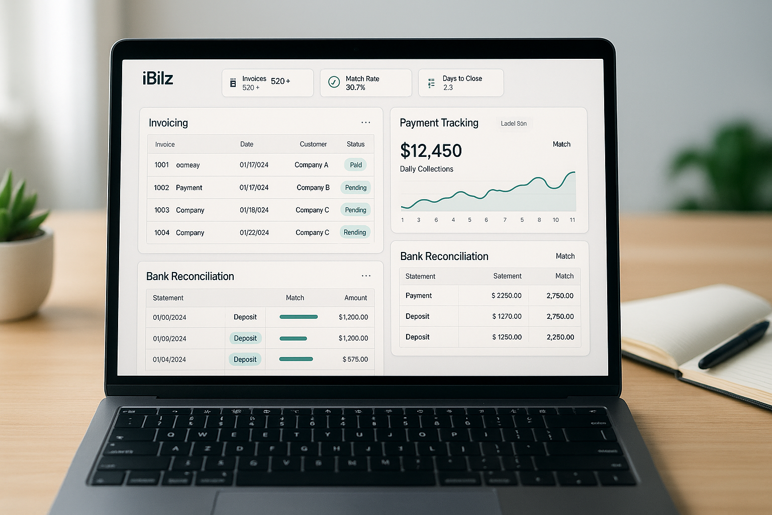 iBilz dashboards showing invoicing, payments, and bank reconciliation